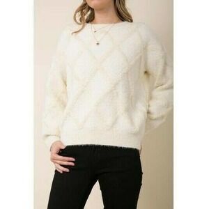 Raga Terri Fuzzy Sweater Ivory Size Large Diamond Geometric Design NEW Soft